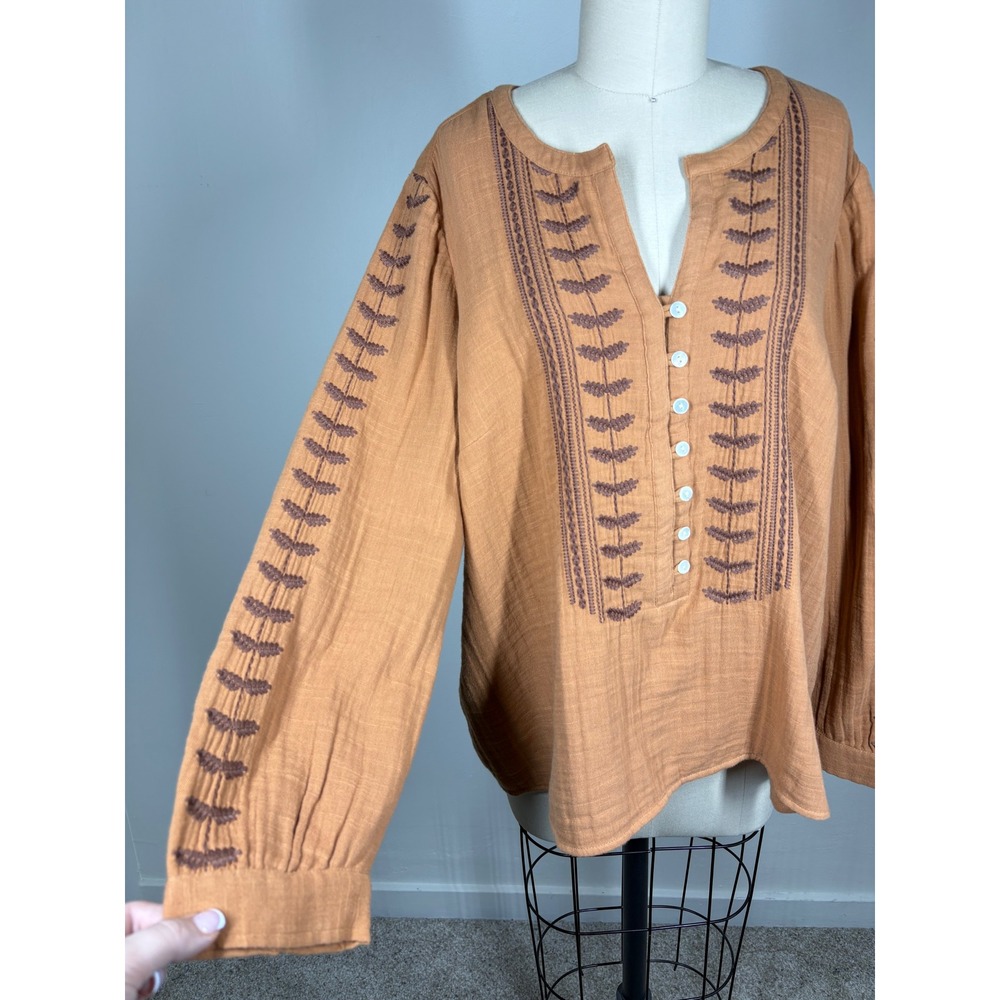 Pure Jill Womens Blouse LP Burnt Orange Embroidered Gauze Boho Peasant Top - Picture 4 of 14